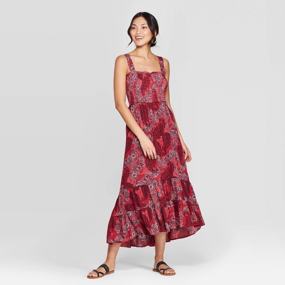 red square neck maxi dress